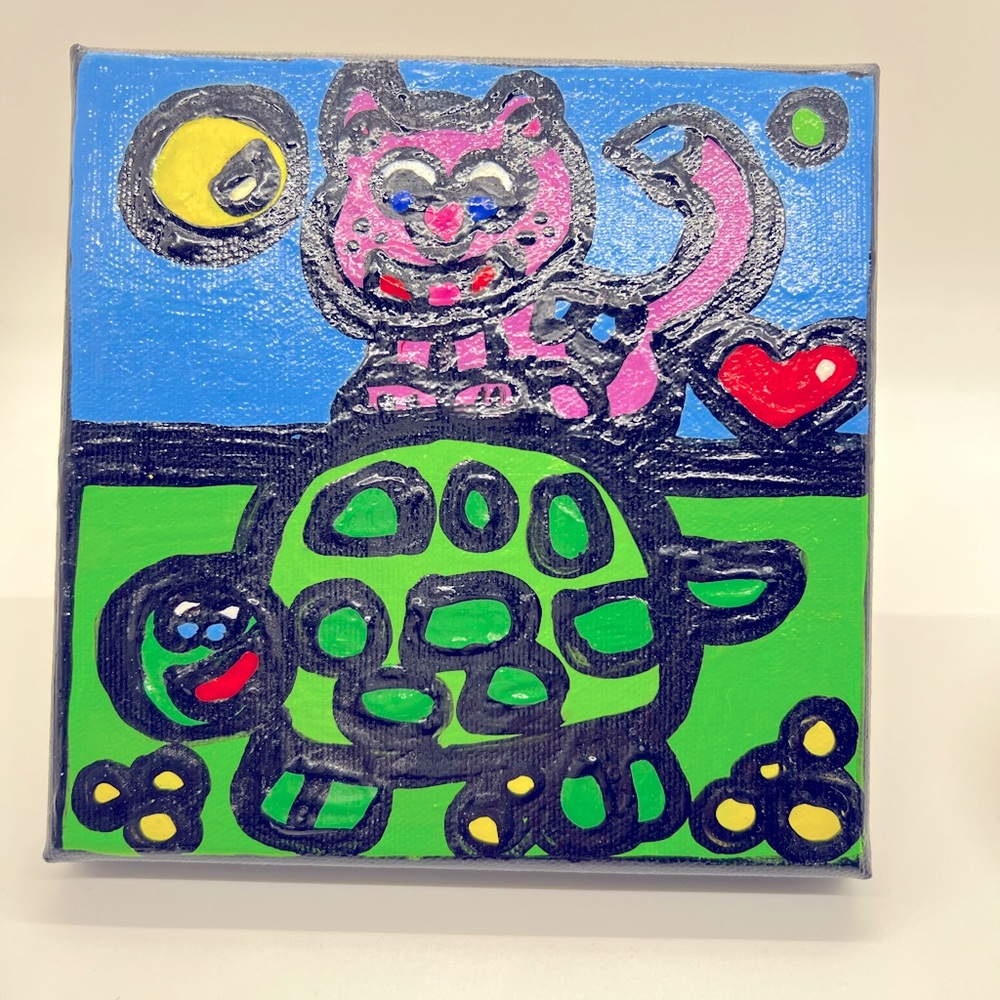 Small Turtle-Cat painting, Colorado art, on canvas, local artist Wrzesinski